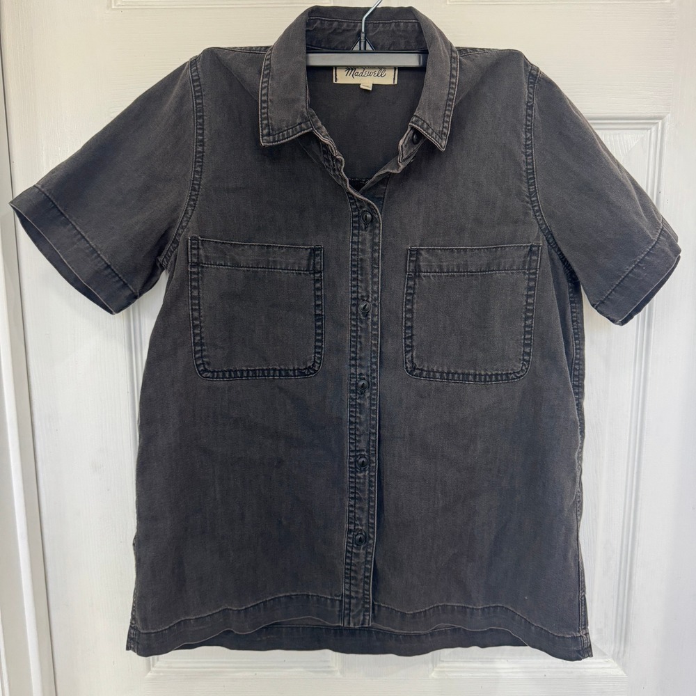 Madewell Women's Charcoal Cotton Button Up Short Sleeve Collared Shirt Size XS